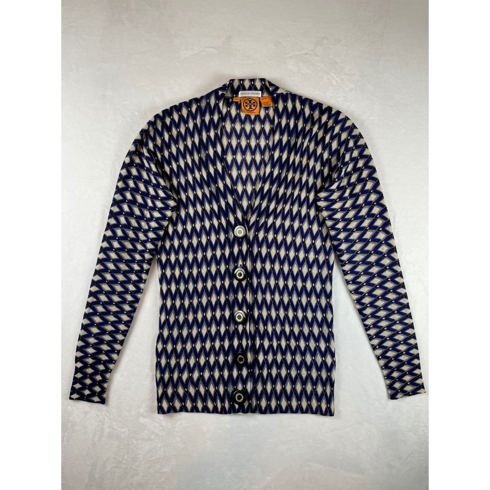 Tory Burch Diamond Pattern 100% Wool Cardigan Sweater Navy Beige Size S